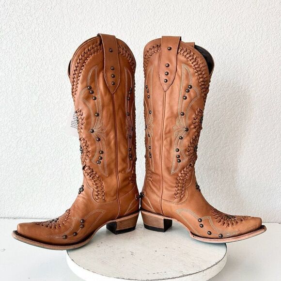Wide calf friendly Tan Heeled Boots with Intricate Detailing - Picture 7 of 10